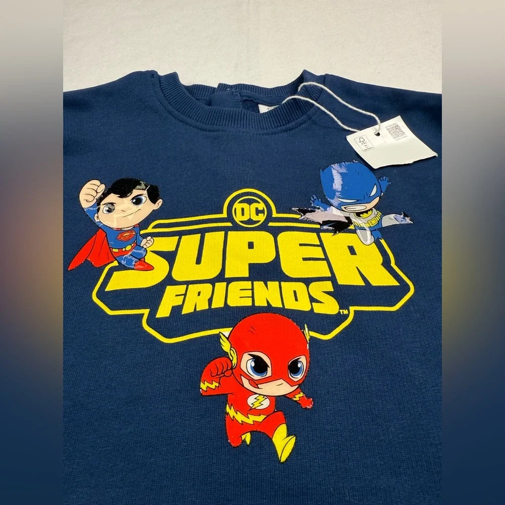 NWT DC SUPERFRIENDS Boys Superhero Sweatshirt 2T Navy Superman Flash Batman New‎